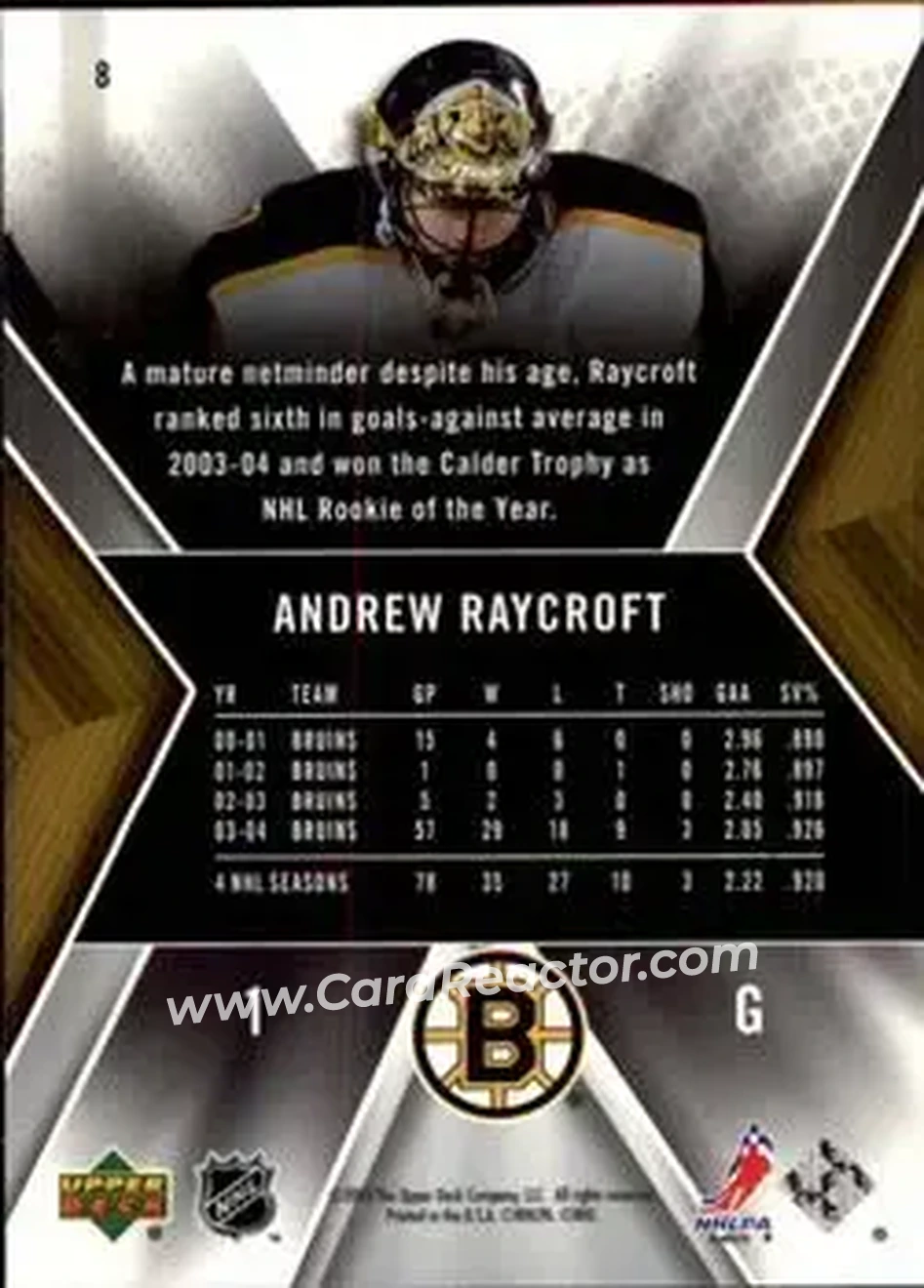 2005-06 SPx #8 - Andrew Raycroft - Boston Bruins - Back