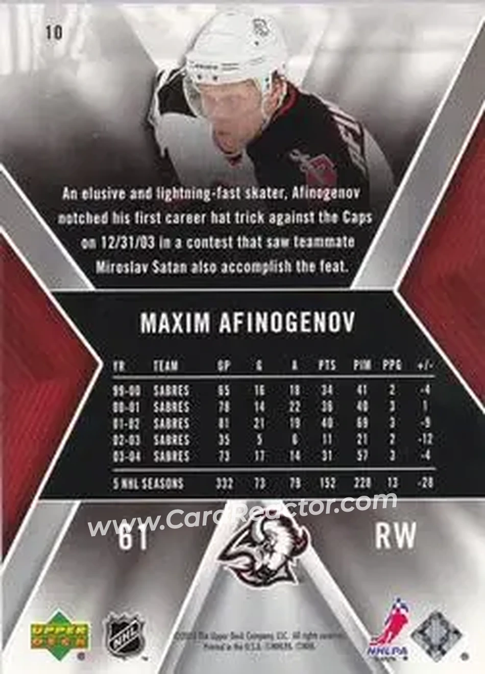 2005-06 SPx #10 - Maxim Afinogenov - Buffalo Sabres - Back