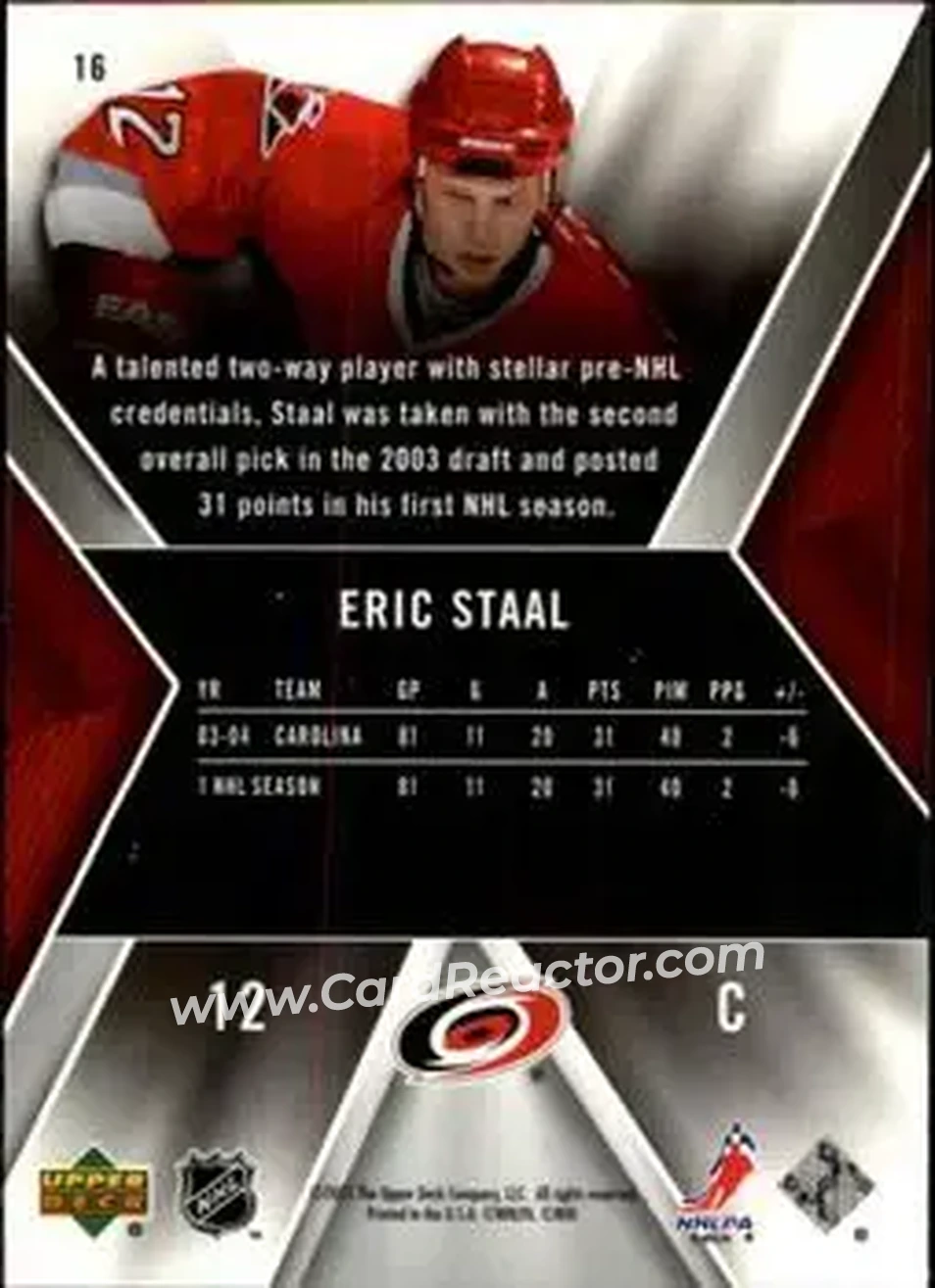 2005-06 SPx #16 - Eric Staal - Carolina Hurricanes - Back