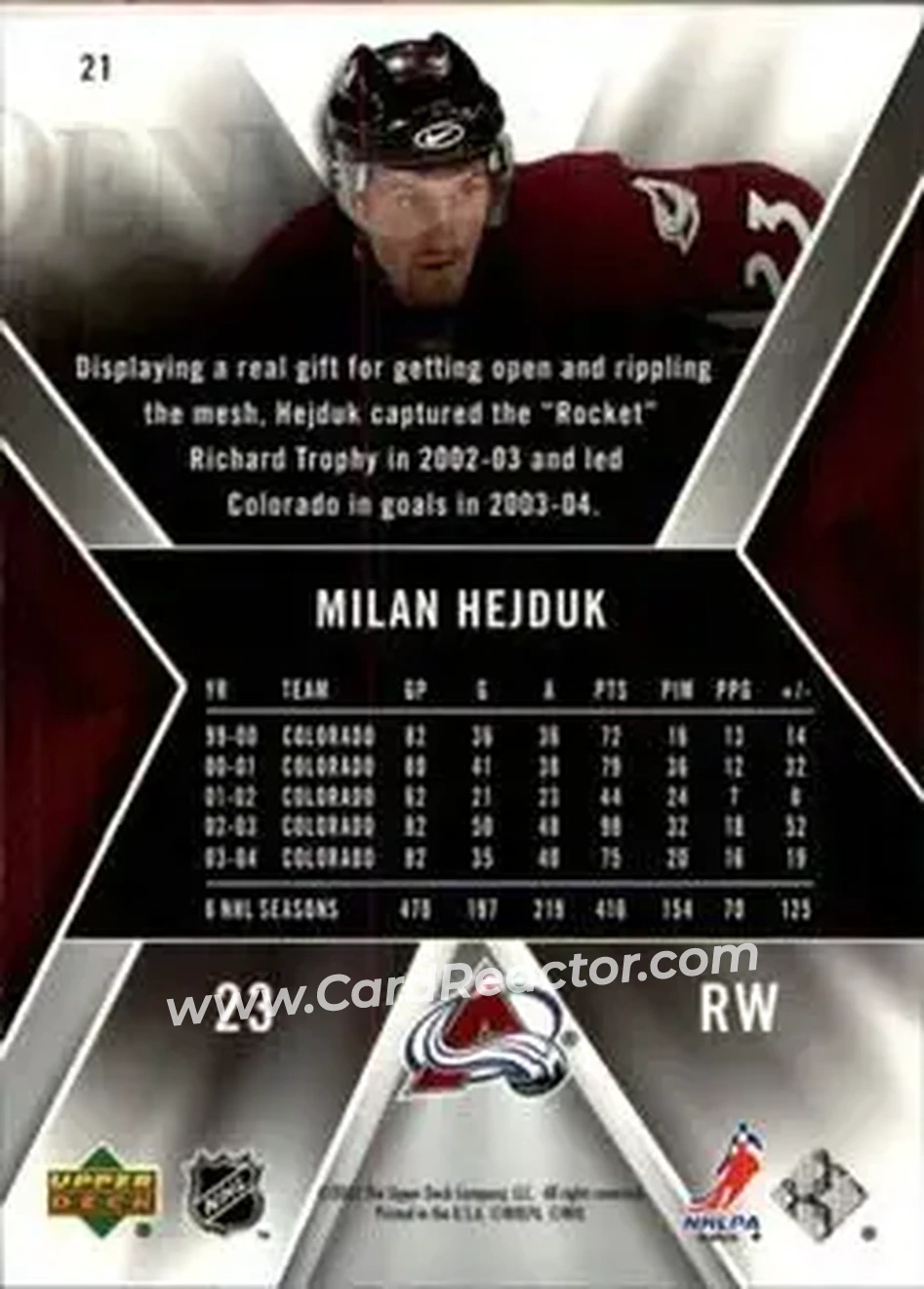 2005-06 SPx #21 - Milan Hejduk - Colorado Avalanche - Back