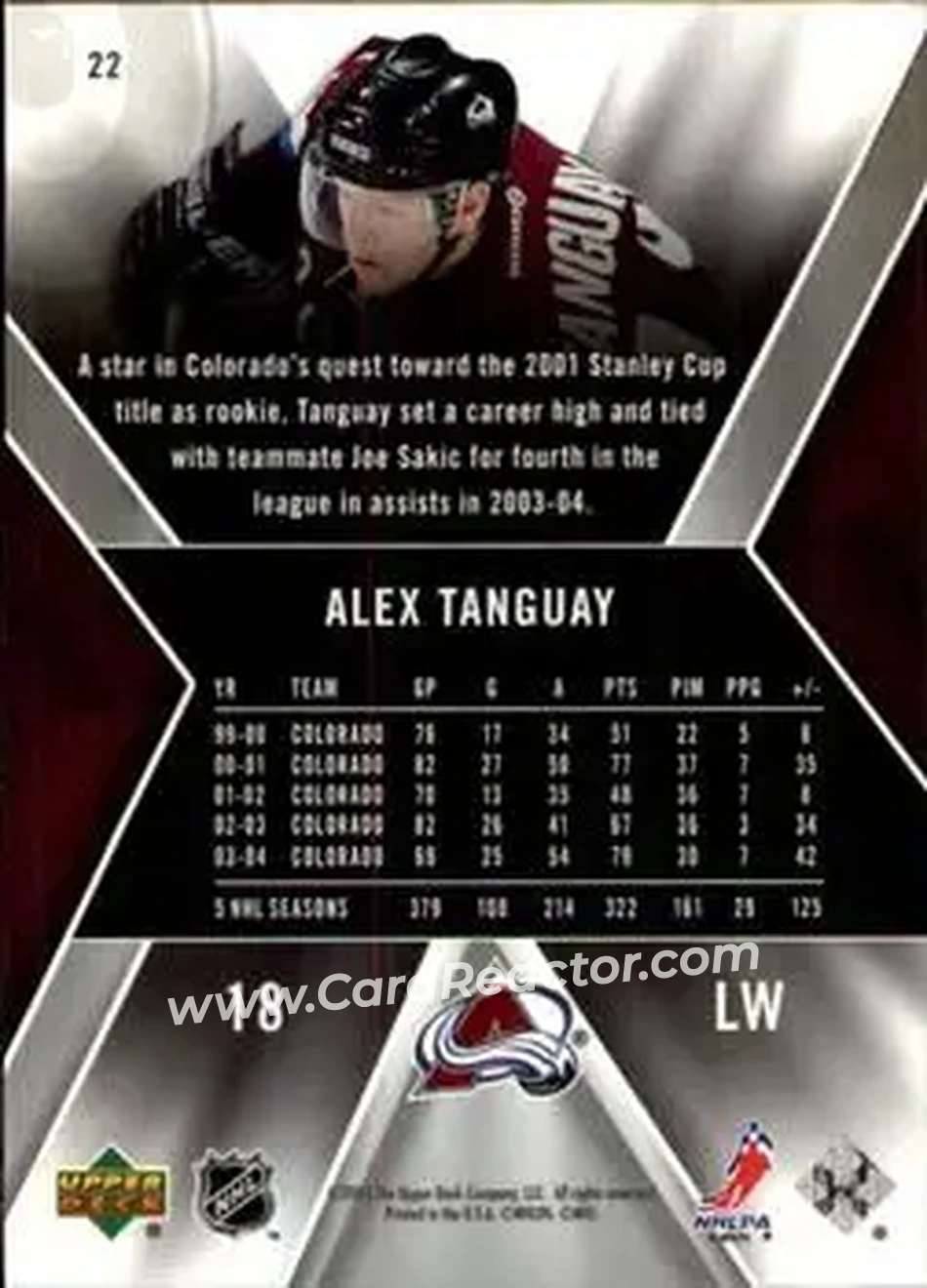 2005-06 SPx #22 - Alex Tanguay - Colorado Avalanche - Back
