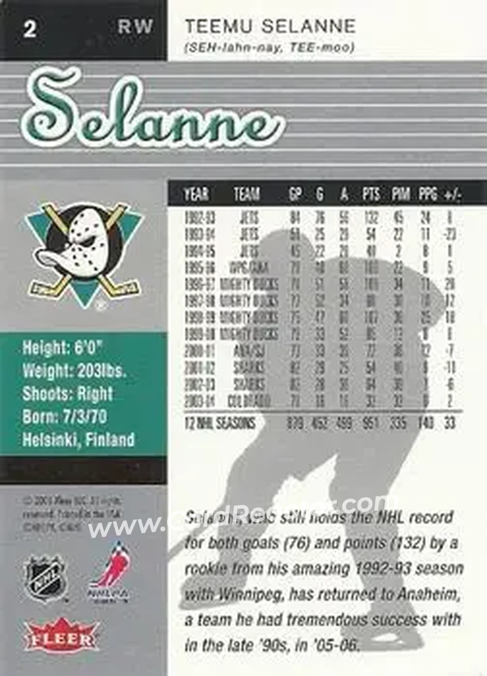 2005-06 Ultra #2 - Teemu Selanne - Anaheim Mighty Ducks - Back