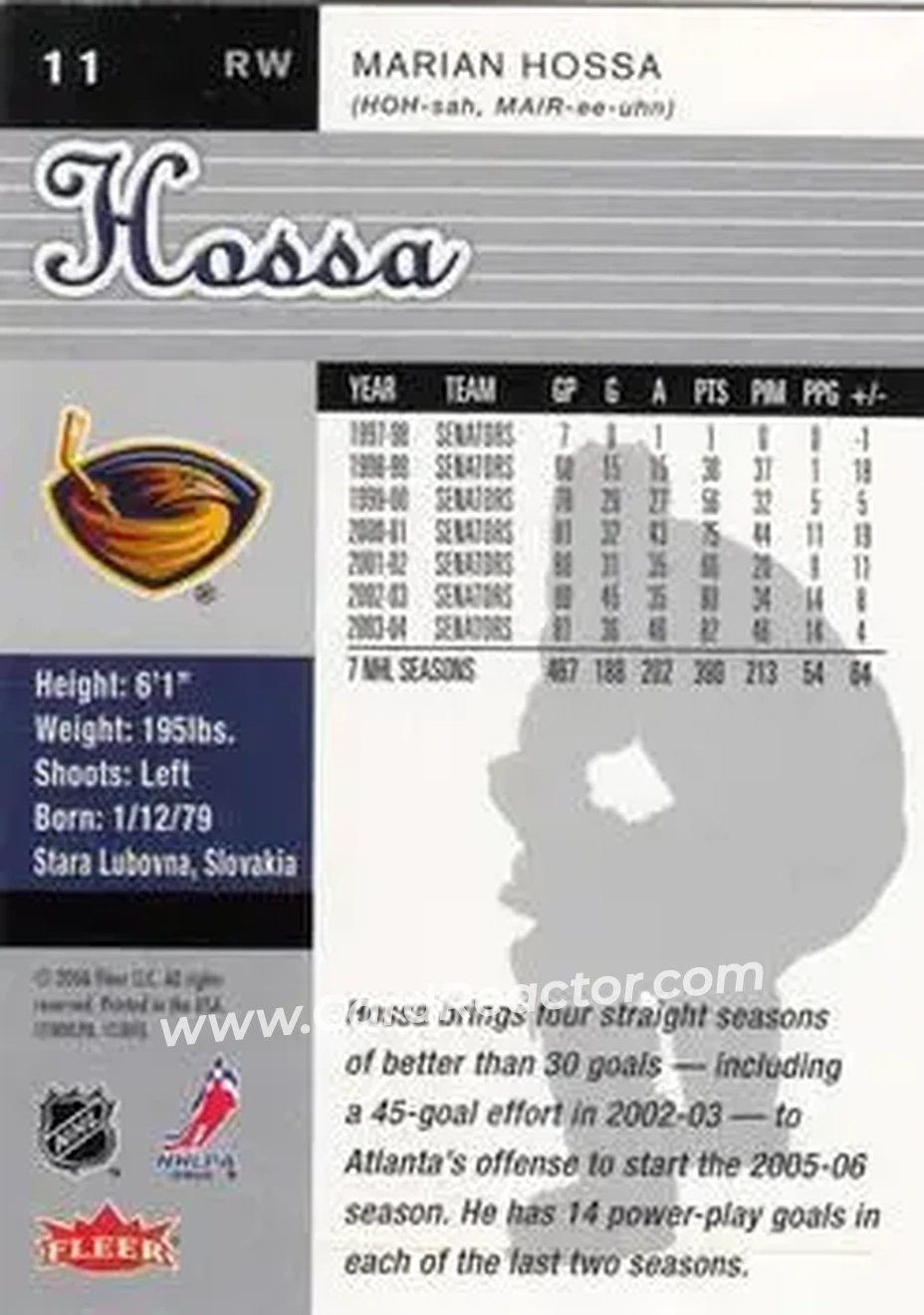 2005-06 Ultra #11 - Marian Hossa - Atlanta Thrashers - Back 2005-06 Ultra #11 - Marian Hossa - Atlanta Thrashers - Back