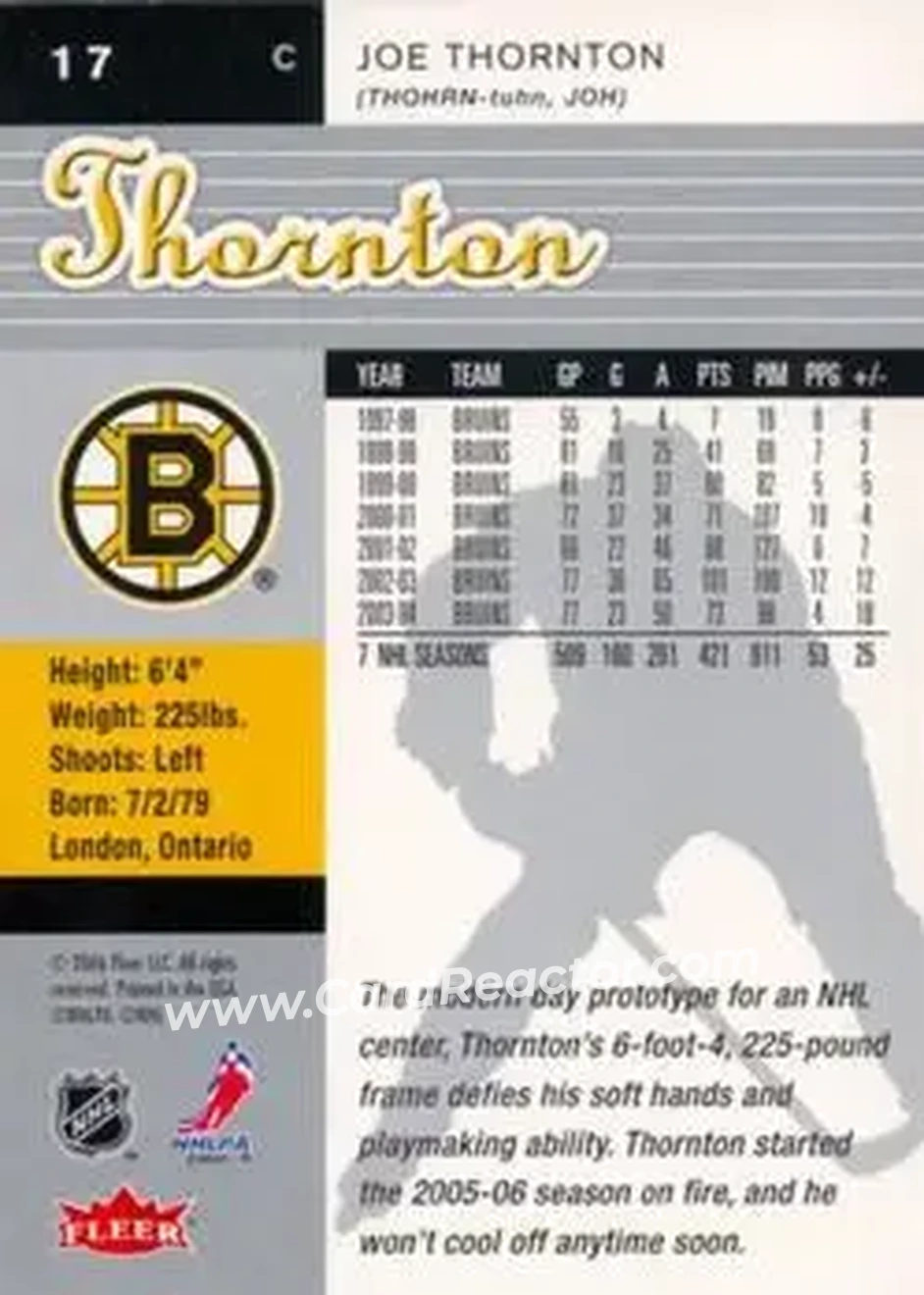 2005-06 Ultra #17 - Joe Thornton - Boston Bruins - Back 2005-06 Ultra #17 - Joe Thornton - Boston Bruins - Back