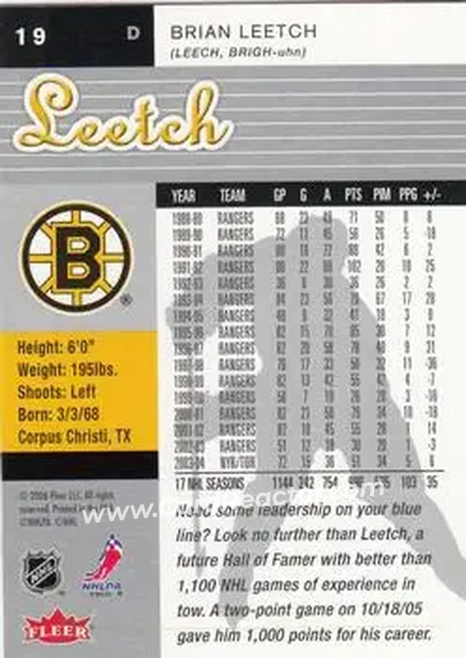 2005-06 Ultra #19 - Brian Leetch - Boston Bruins - Back 2005-06 Ultra #19 - Brian Leetch - Boston Bruins - Back
