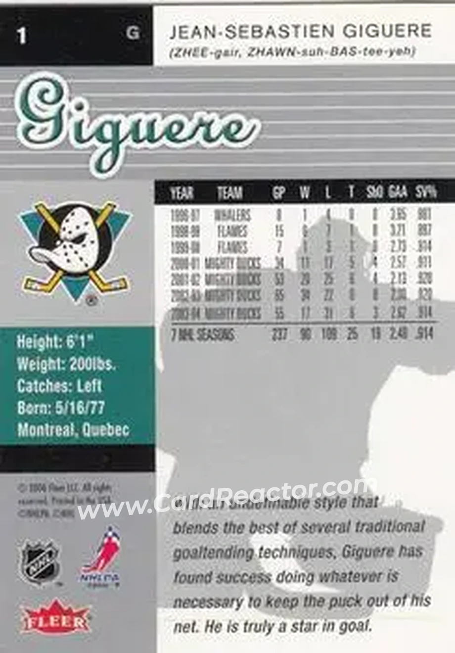 2005-06 Ultra #1 - Jean-Sebastien Giguere - Anaheim Mighty Ducks - Back