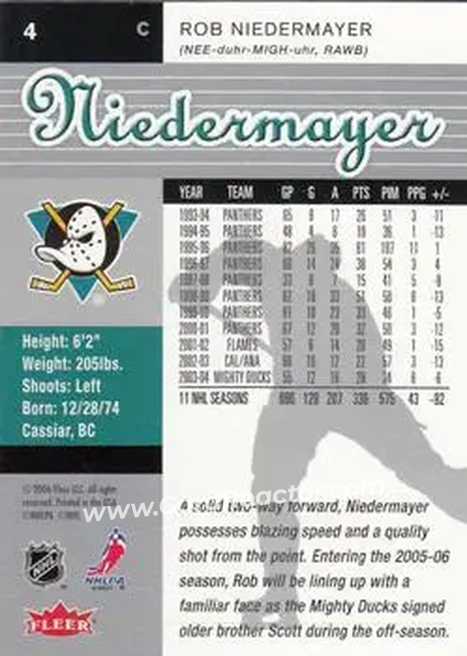 2005-06 Ultra #4 - Rob Niedermayer - Anaheim Mighty Ducks - Back