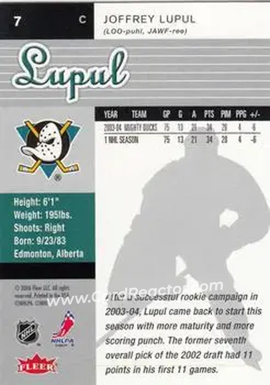 2005-06 Ultra #7 - Joffrey Lupul - Anaheim Mighty Ducks - Back 2005-06 Ultra #7 - Joffrey Lupul - Anaheim Mighty Ducks - Back