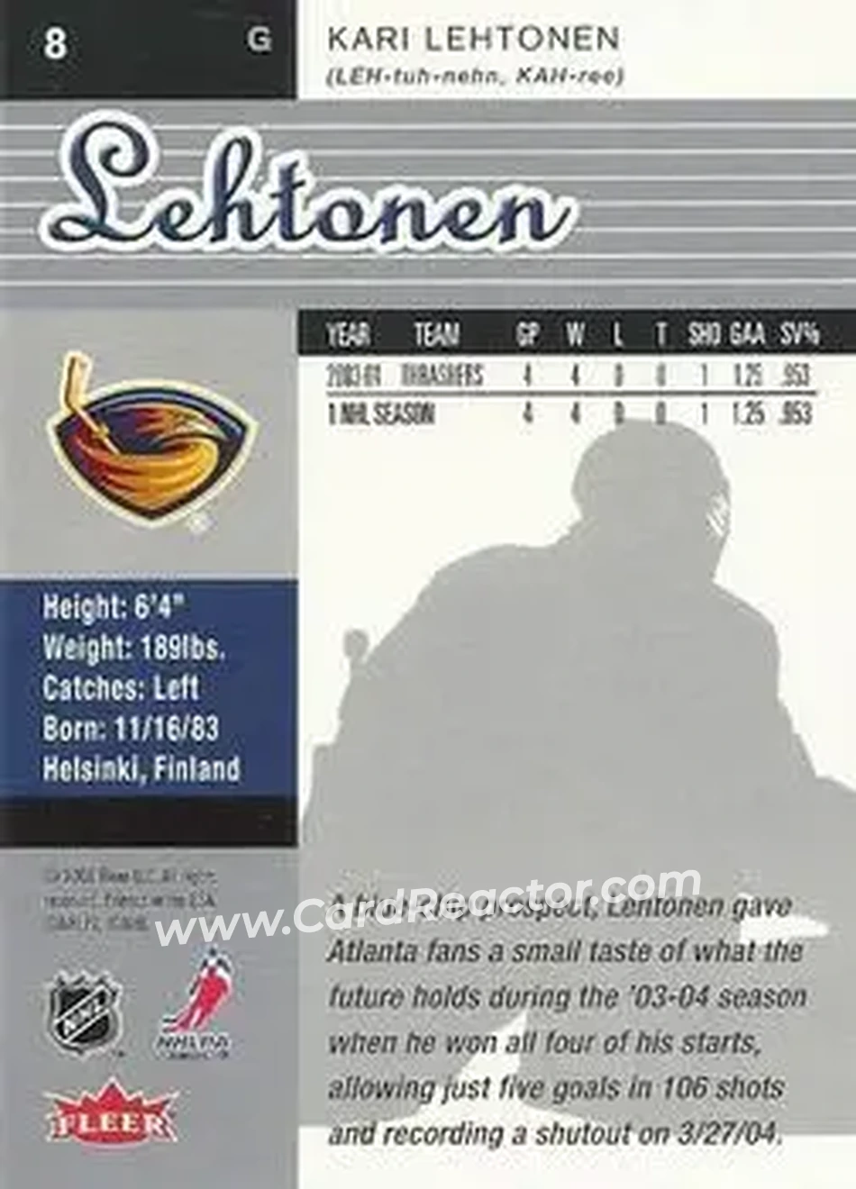 2005-06 Ultra #8 - Kari Lehtonen - Atlanta Thrashers - Back 2005-06 Ultra #8 - Kari Lehtonen - Atlanta Thrashers - Back