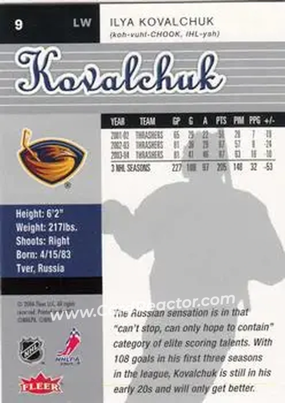 2005-06 Ultra #9 - Ilya Kovalchuk - Atlanta Thrashers - Back 2005-06 Ultra #9 - Ilya Kovalchuk - Atlanta Thrashers - Back