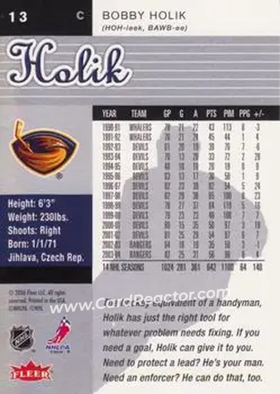 2005-06 Ultra #13 - Bobby Holik - Atlanta Thrashers - Back