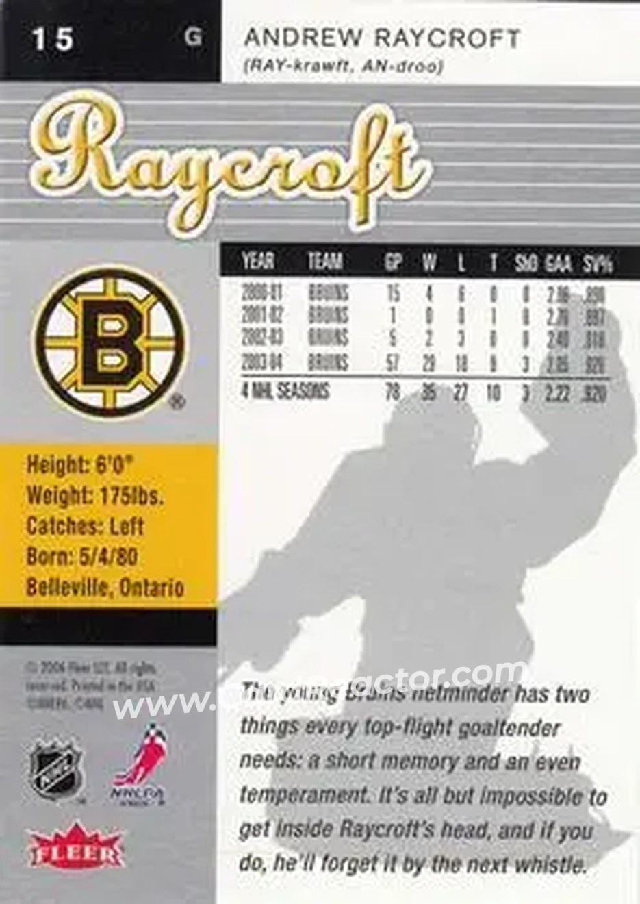 2005-06 Ultra #15 - Andrew Raycroft - Boston Bruins - Back