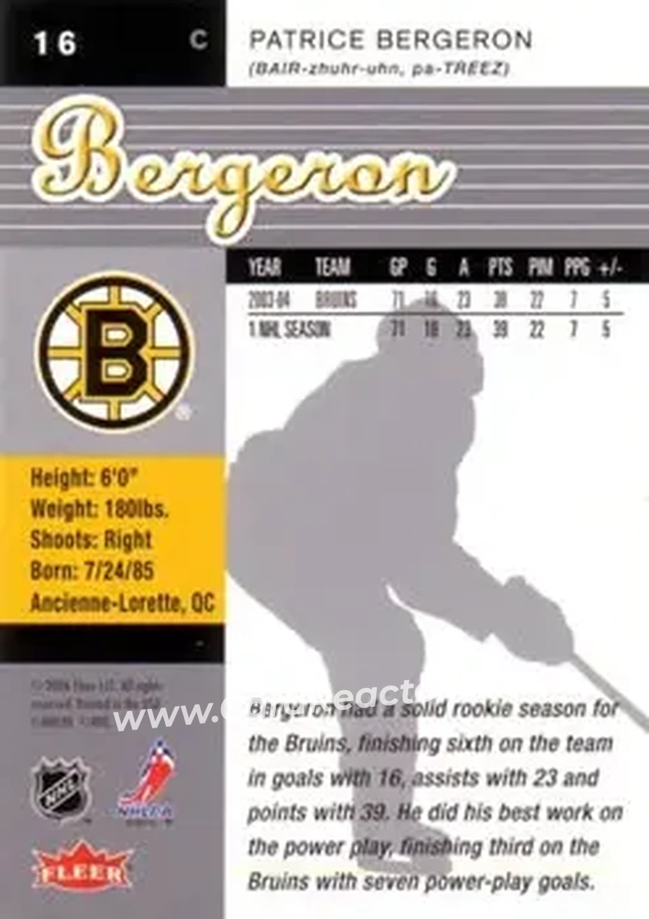 2005-06 Ultra #16 - Patrice Bergeron - Boston Bruins - Back 2005-06 Ultra #16 - Patrice Bergeron - Boston Bruins - Back