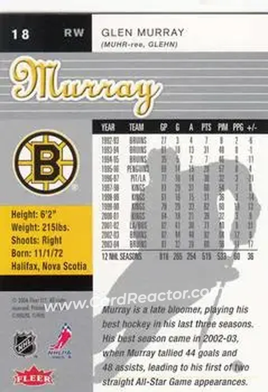 2005-06 Ultra #18 - Glen Murray - Boston Bruins - Back