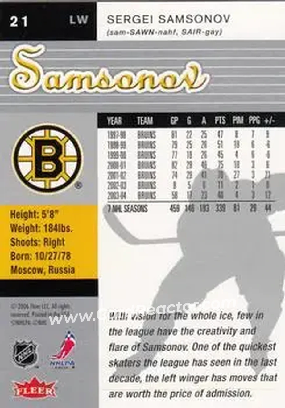 2005-06 Ultra #21 - Sergei Samsonov - Boston Bruins - Back 2005-06 Ultra #21 - Sergei Samsonov - Boston Bruins - Back