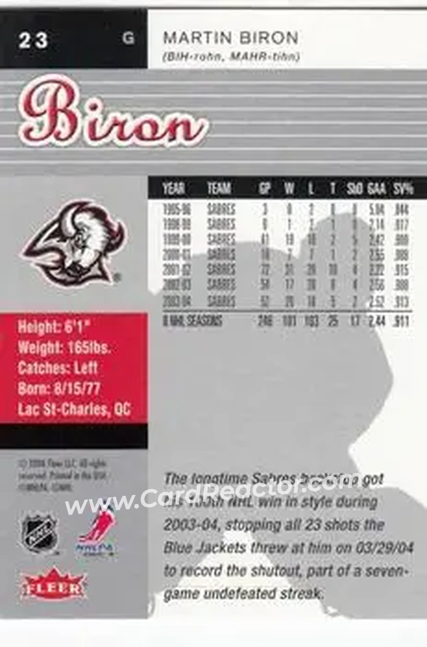 2005-06 Ultra #23 - Martin Biron - Buffalo Sabres - Back