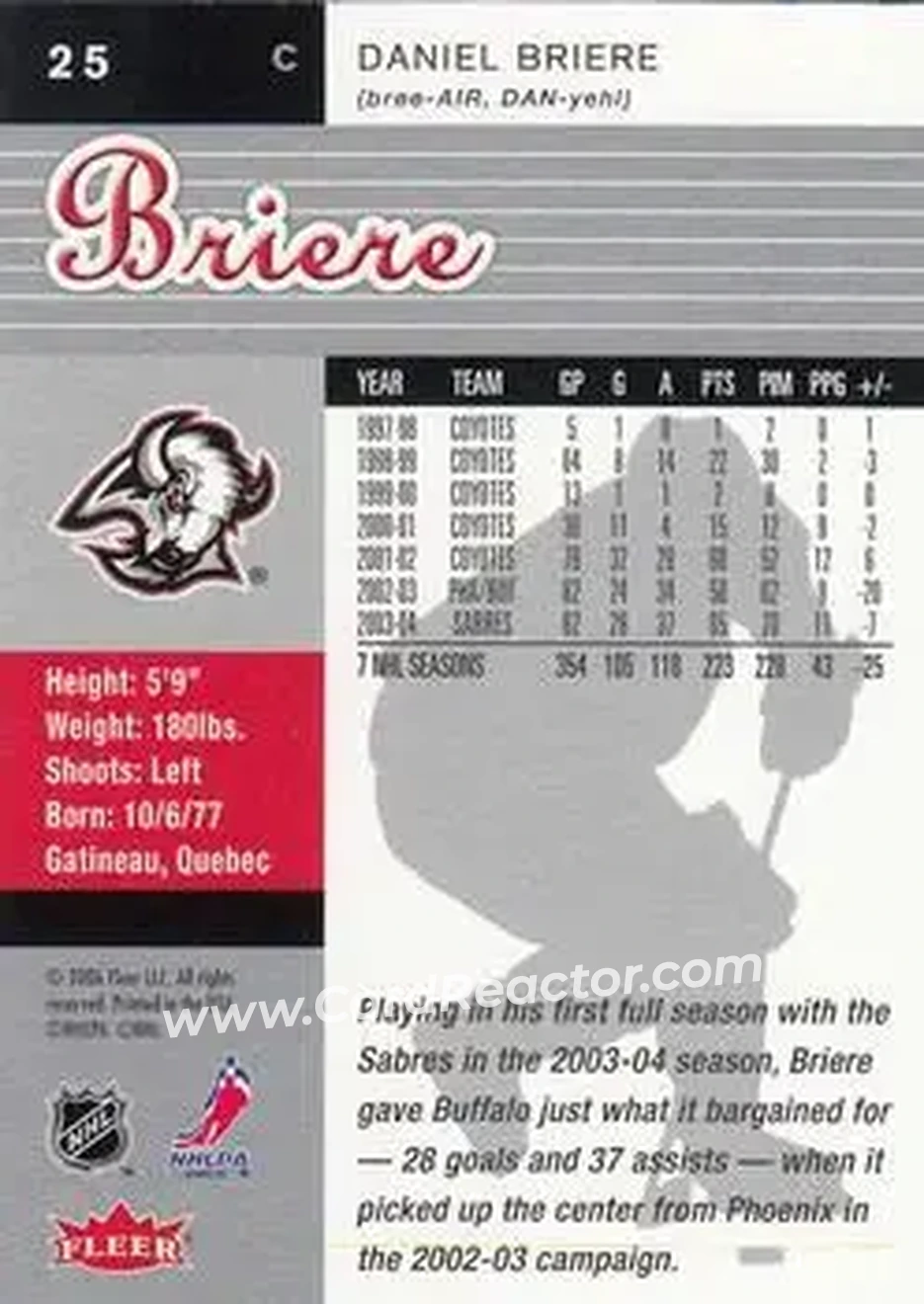 2005-06 Ultra #25 - Daniel Briere - Buffalo Sabres - Back 2005-06 Ultra #25 - Daniel Briere - Buffalo Sabres - Back