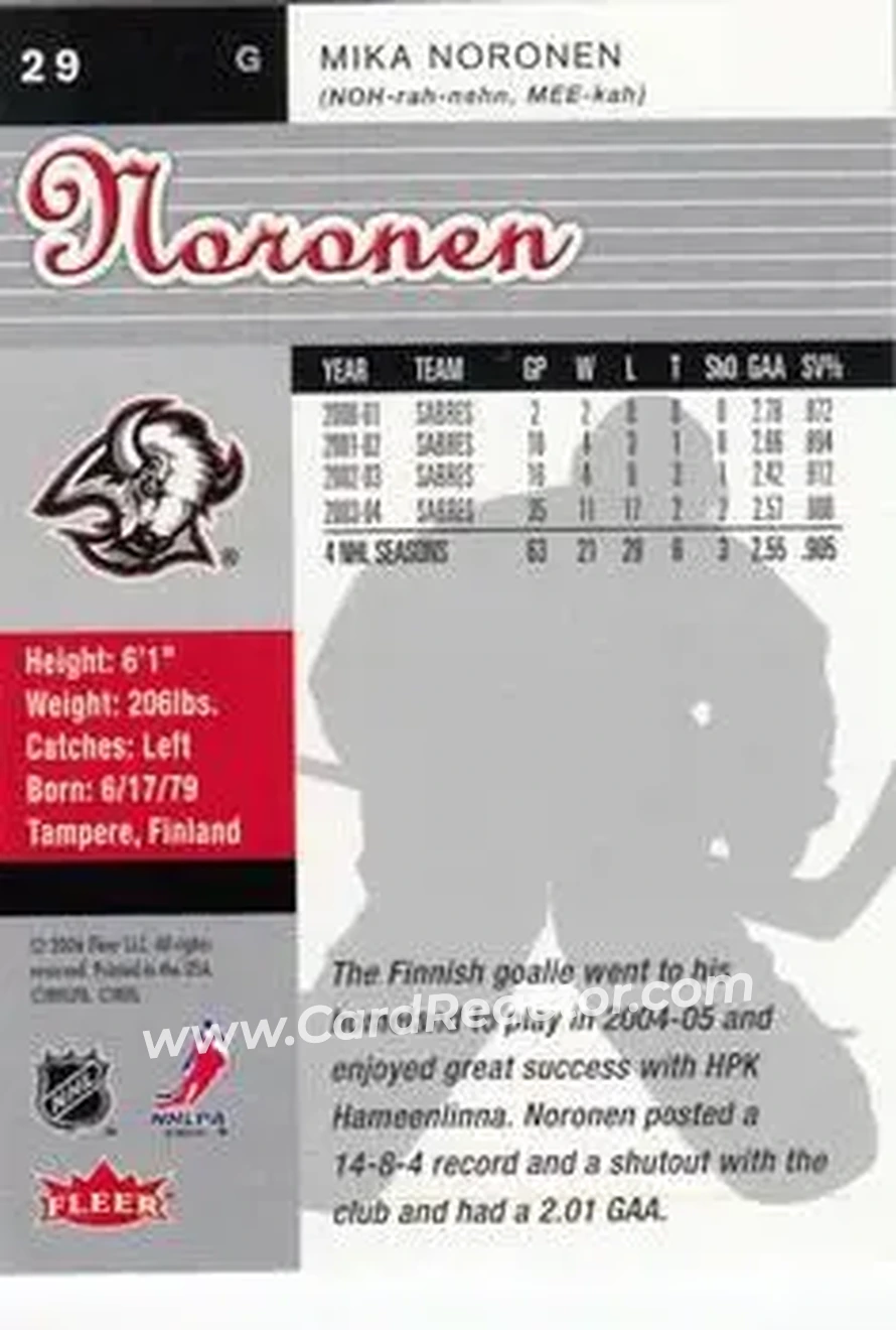 2005-06 Ultra #29 - Mika Noronen - Buffalo Sabres - Back