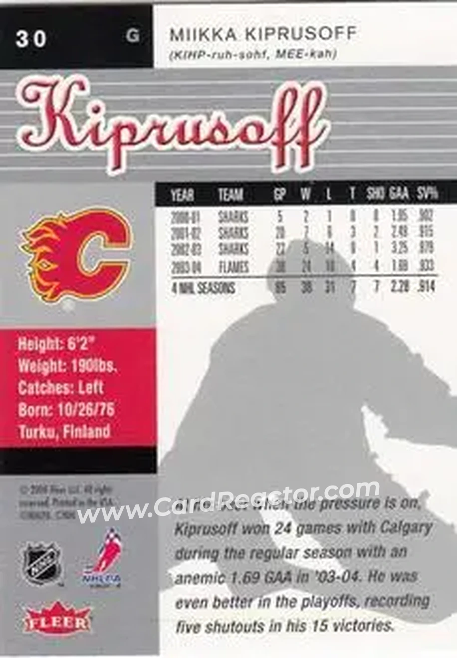 2005-06 Ultra #30 - Miikka Kiprusoff - Calgary Flames - Back
