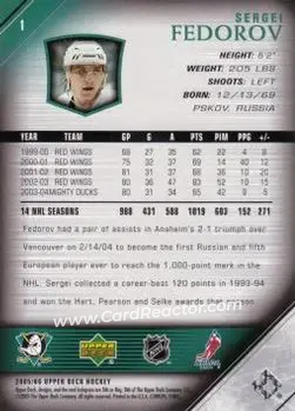 2005-06 Upper Deck #1 - Sergei Fedorov - Anaheim Mighty Ducks - Back