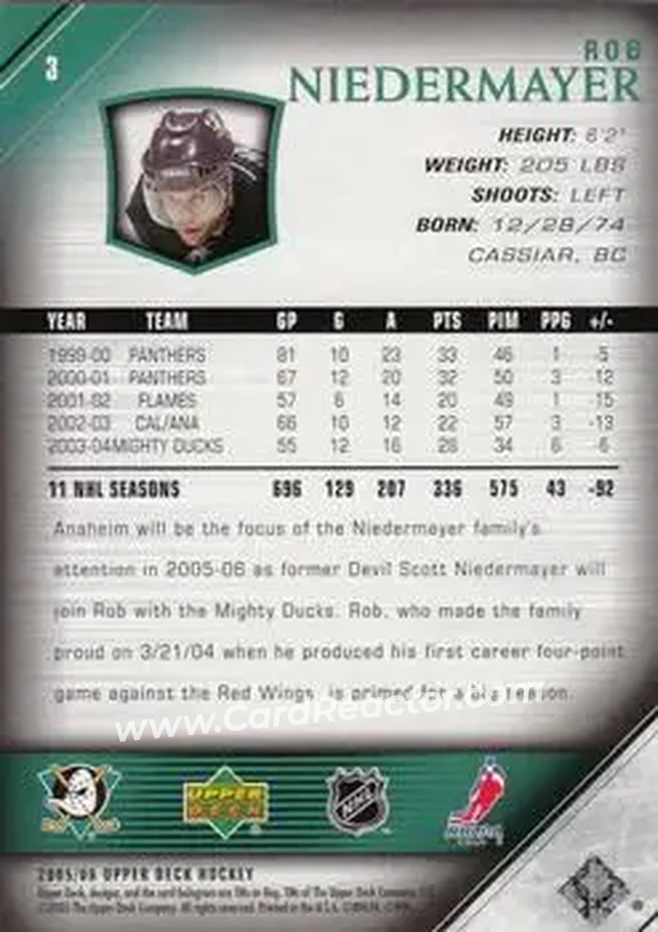 2005-06 Upper Deck #3 - Rob Niedermayer - Anaheim Mighty Ducks - Back