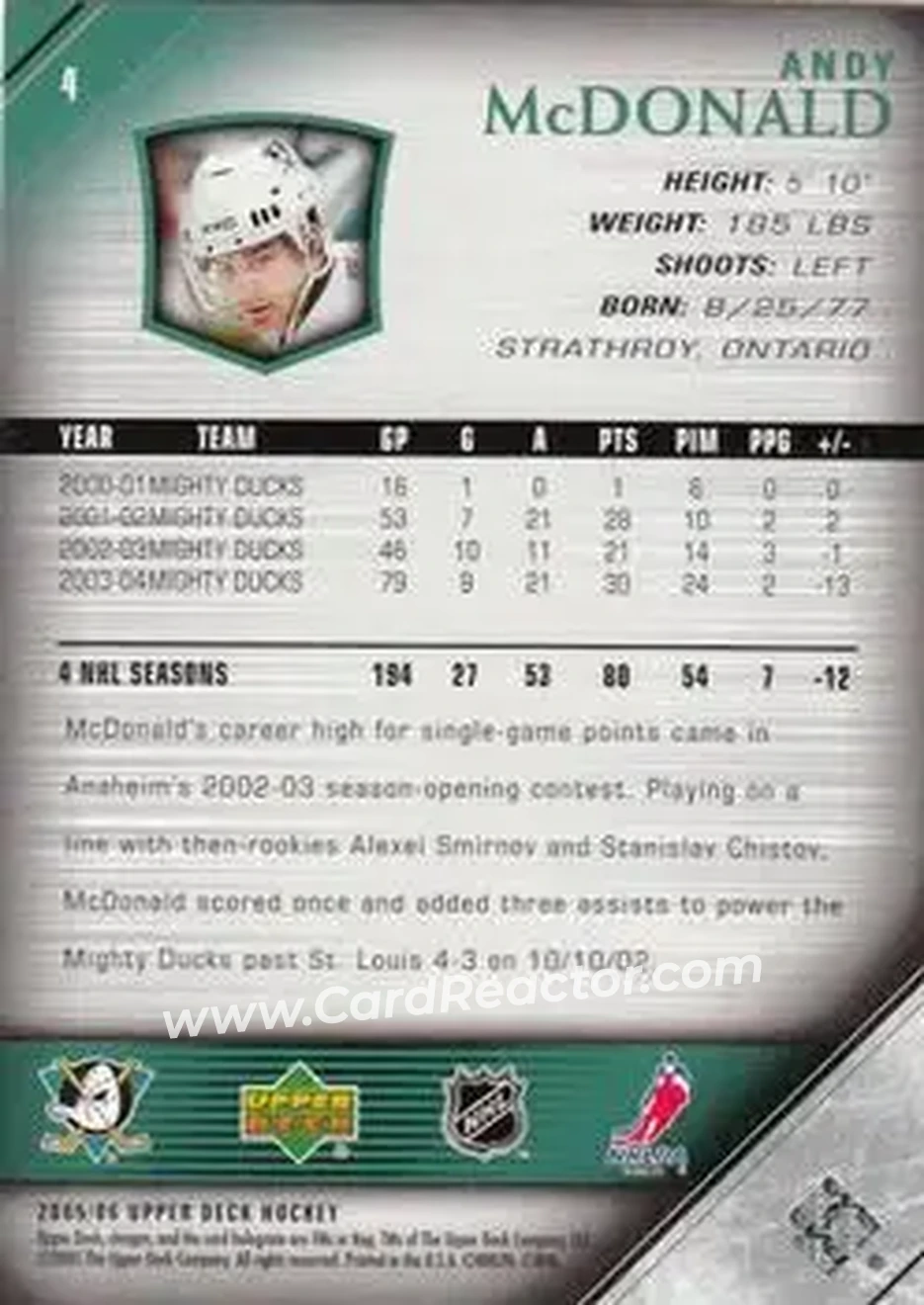 2005-06 Upper Deck #4 - Andy McDonald - Anaheim Mighty Ducks - Back 2005-06 Upper Deck #4 - Andy McDonald - Anaheim Mighty Ducks - Back