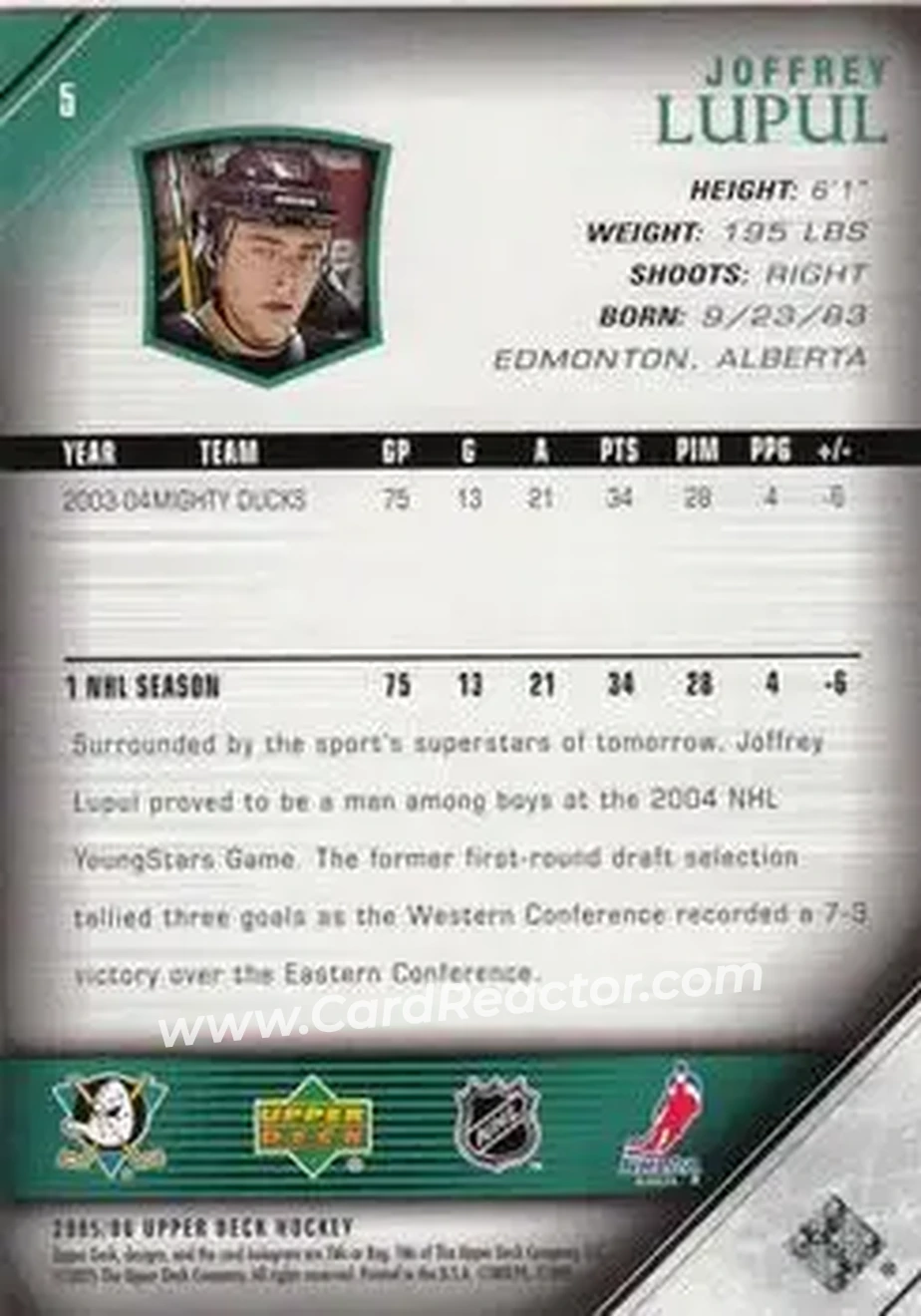 2005-06 Upper Deck #5 - Joffrey Lupul - Anaheim Mighty Ducks - Back