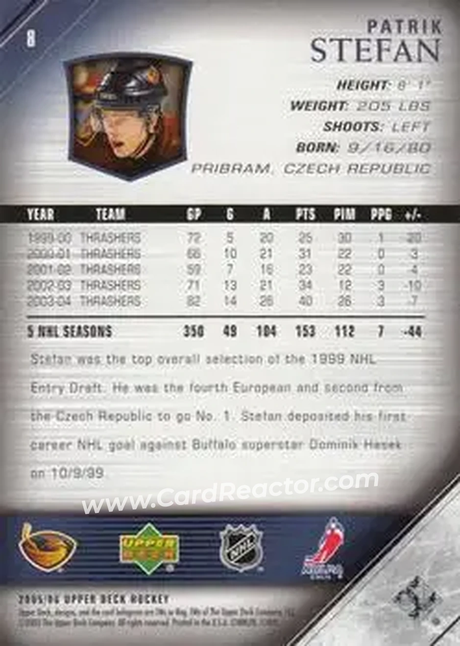 2005-06 Upper Deck #8 - Patrik Stefan - Atlanta Thrashers - Back
