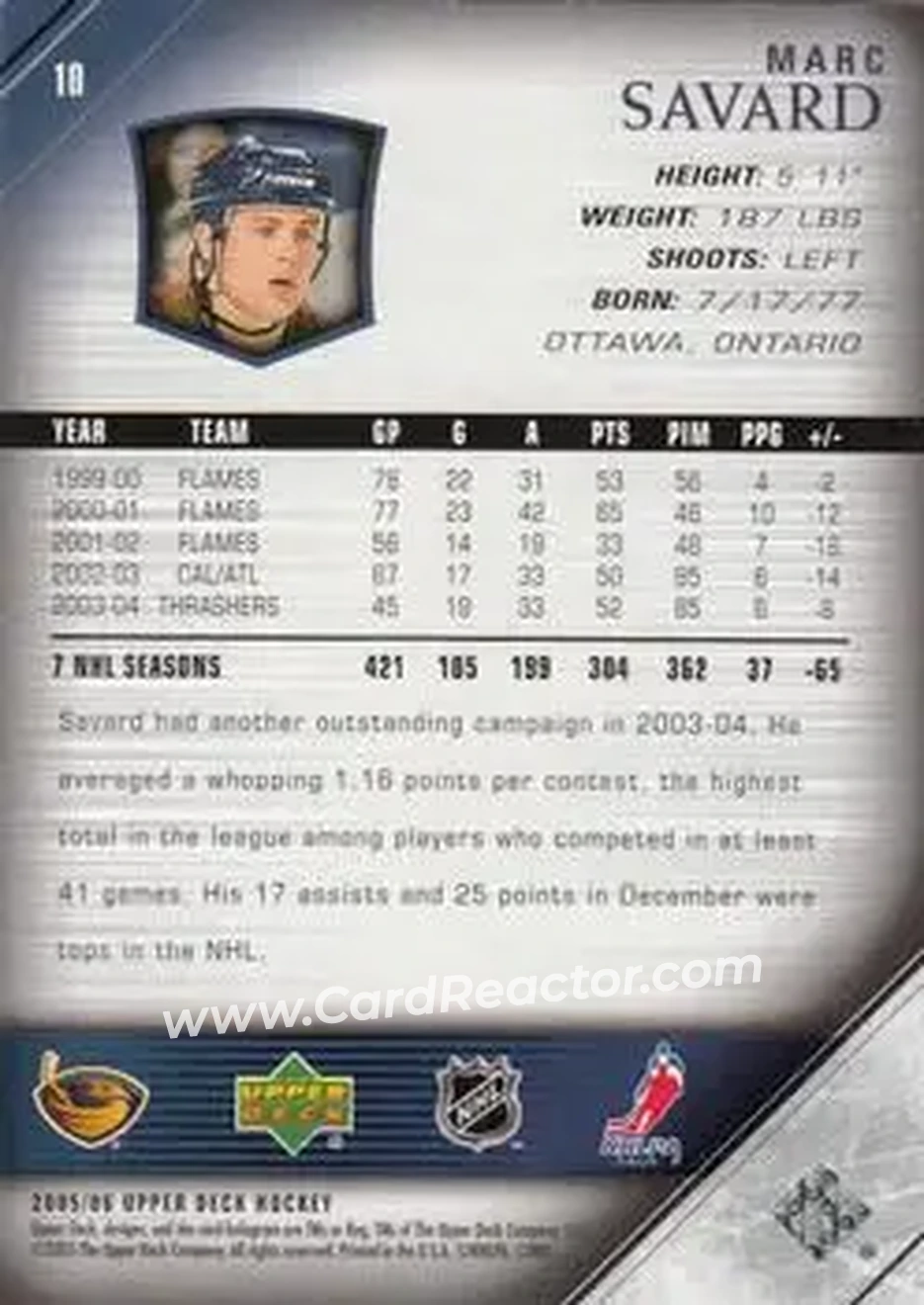 2005-06 Upper Deck #10 - Marc Savard - Atlanta Thrashers - Back 2005-06 Upper Deck #10 - Marc Savard - Atlanta Thrashers - Back