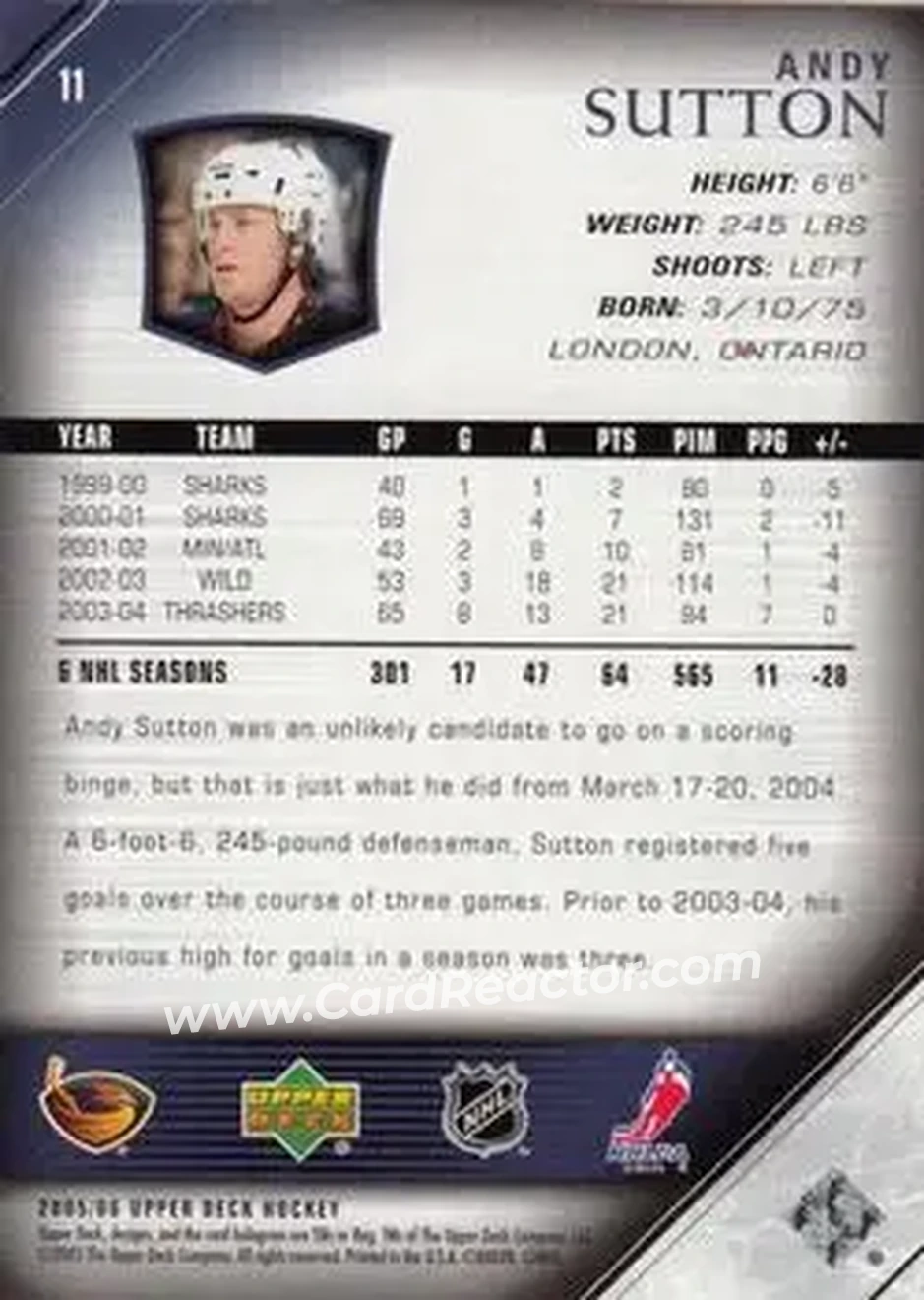 2005-06 Upper Deck #11 - Andy Sutton - Atlanta Thrashers - Back 2005-06 Upper Deck #11 - Andy Sutton - Atlanta Thrashers - Back