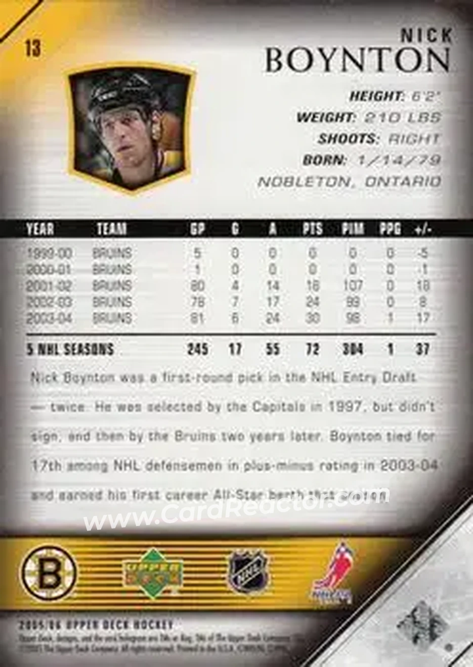 2005-06 Upper Deck #13 - Nick Boynton - Boston Bruins - Back