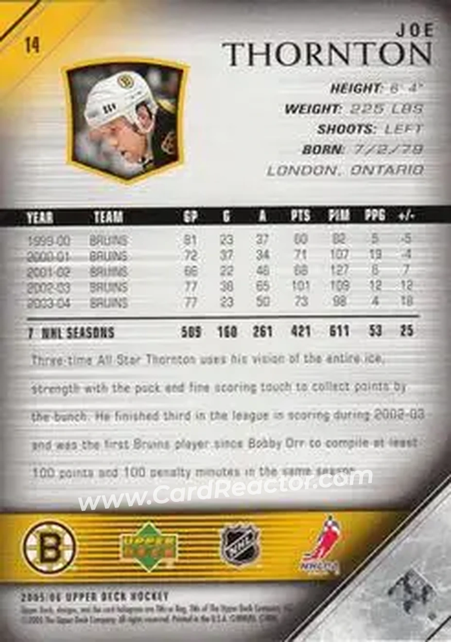 2005-06 Upper Deck #14 - Joe Thornton - Boston Bruins - Back