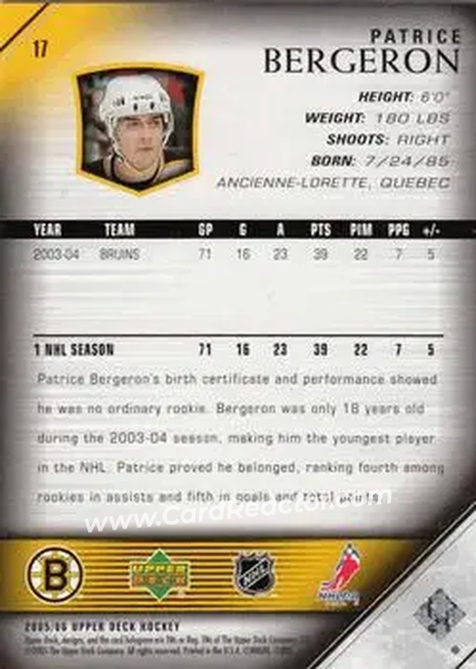2005-06 Upper Deck #17 - Patrice Bergeron - Boston Bruins - Back 2005-06 Upper Deck #17 - Patrice Bergeron - Boston Bruins - Back