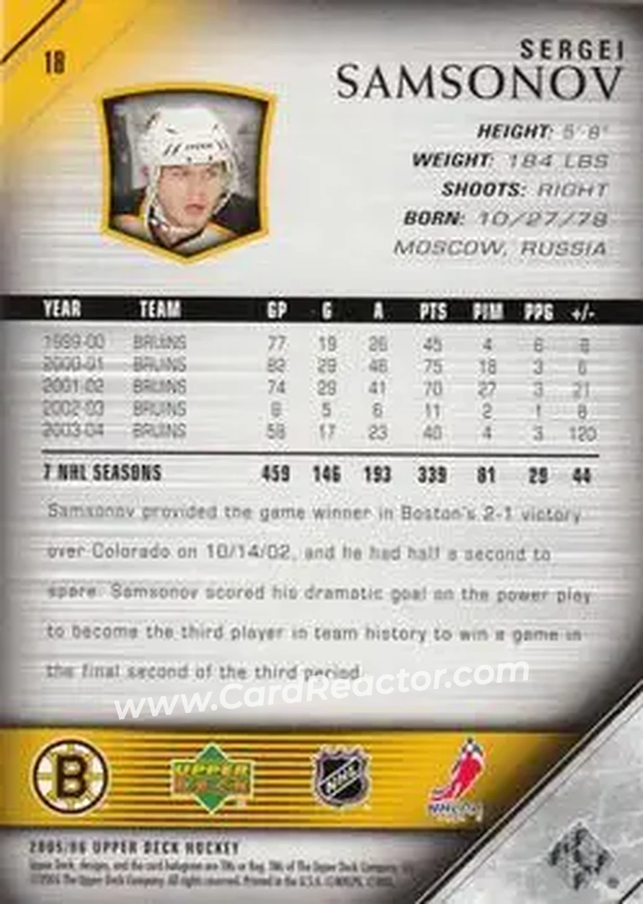 2005-06 Upper Deck #18 - Sergei Samsonov - Boston Bruins - Back 2005-06 Upper Deck #18 - Sergei Samsonov - Boston Bruins - Back