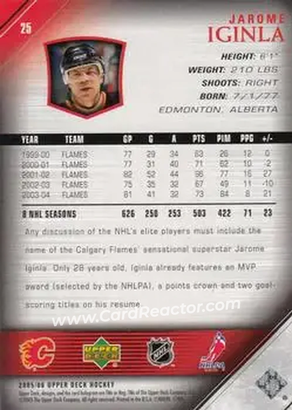 2005-06 Upper Deck #25 - Jarome Iginla - Calgary Flames - Back