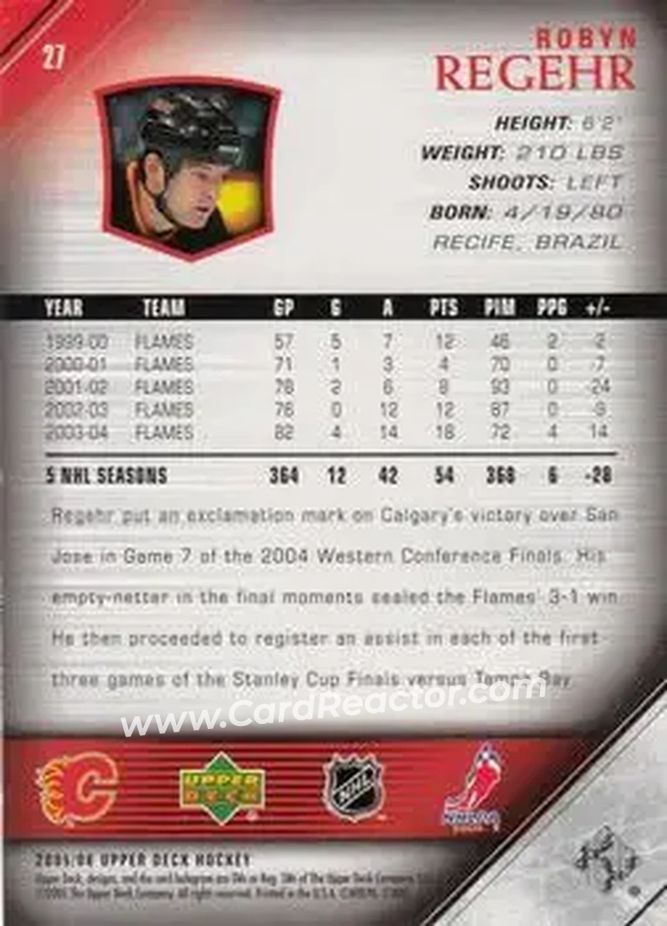 2005-06 Upper Deck #27 - Robyn Regehr - Calgary Flames - Back 2005-06 Upper Deck #27 - Robyn Regehr - Calgary Flames - Back