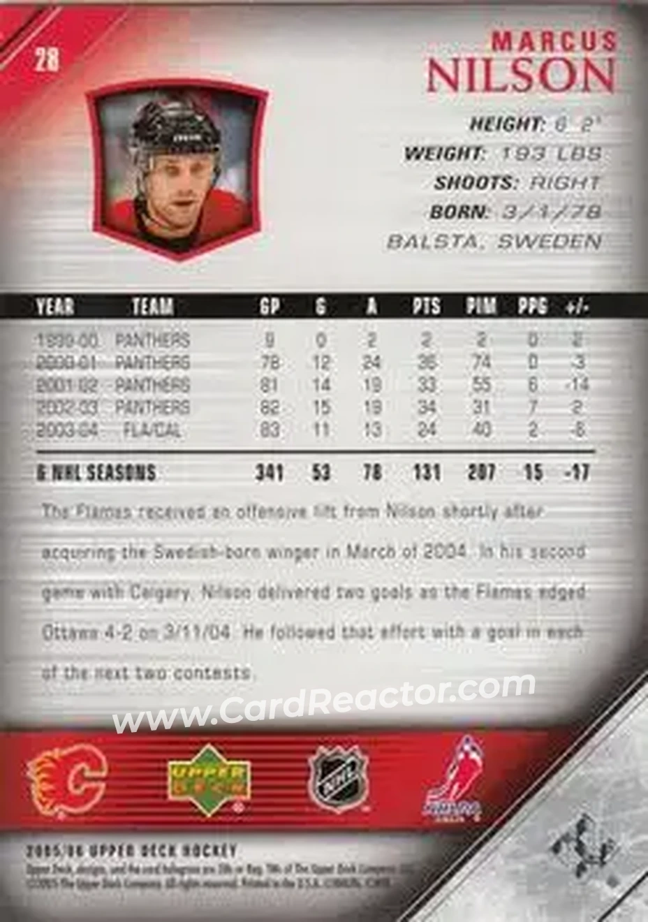 2005-06 Upper Deck #28 - Marcus Nilson - Calgary Flames - Back