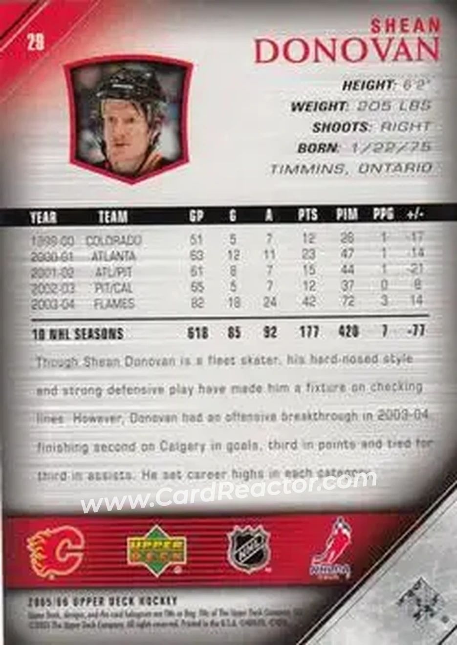 2005-06 Upper Deck #29 - Shean Donovan - Calgary Flames - Back