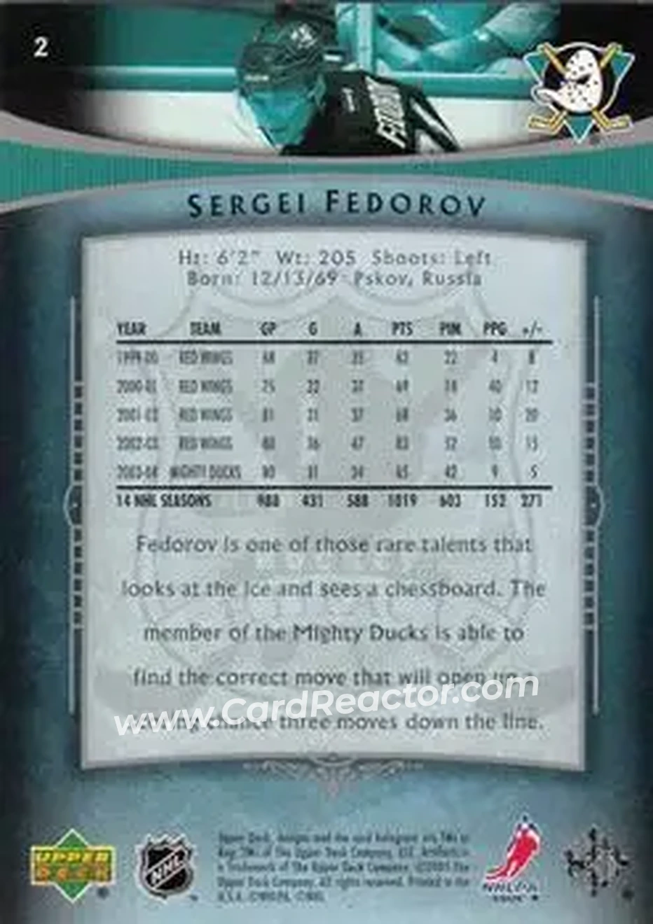 2005-06 Upper Deck Artifacts #2 - Sergei Fedorov - Anaheim Mighty Ducks - Back 2005-06 Upper Deck Artifacts #2 - Sergei Fedorov - Anaheim Mighty Ducks - Back
