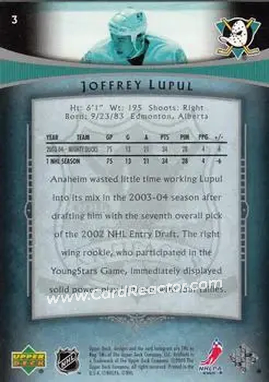 2005-06 Upper Deck Artifacts #3 - Joffrey Lupul - Anaheim Mighty Ducks - Back 2005-06 Upper Deck Artifacts #3 - Joffrey Lupul - Anaheim Mighty Ducks - Back