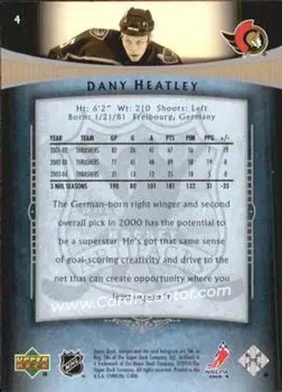 2005-06 Upper Deck Artifacts #4 - Dany Heatley - Ottawa Senators - Back