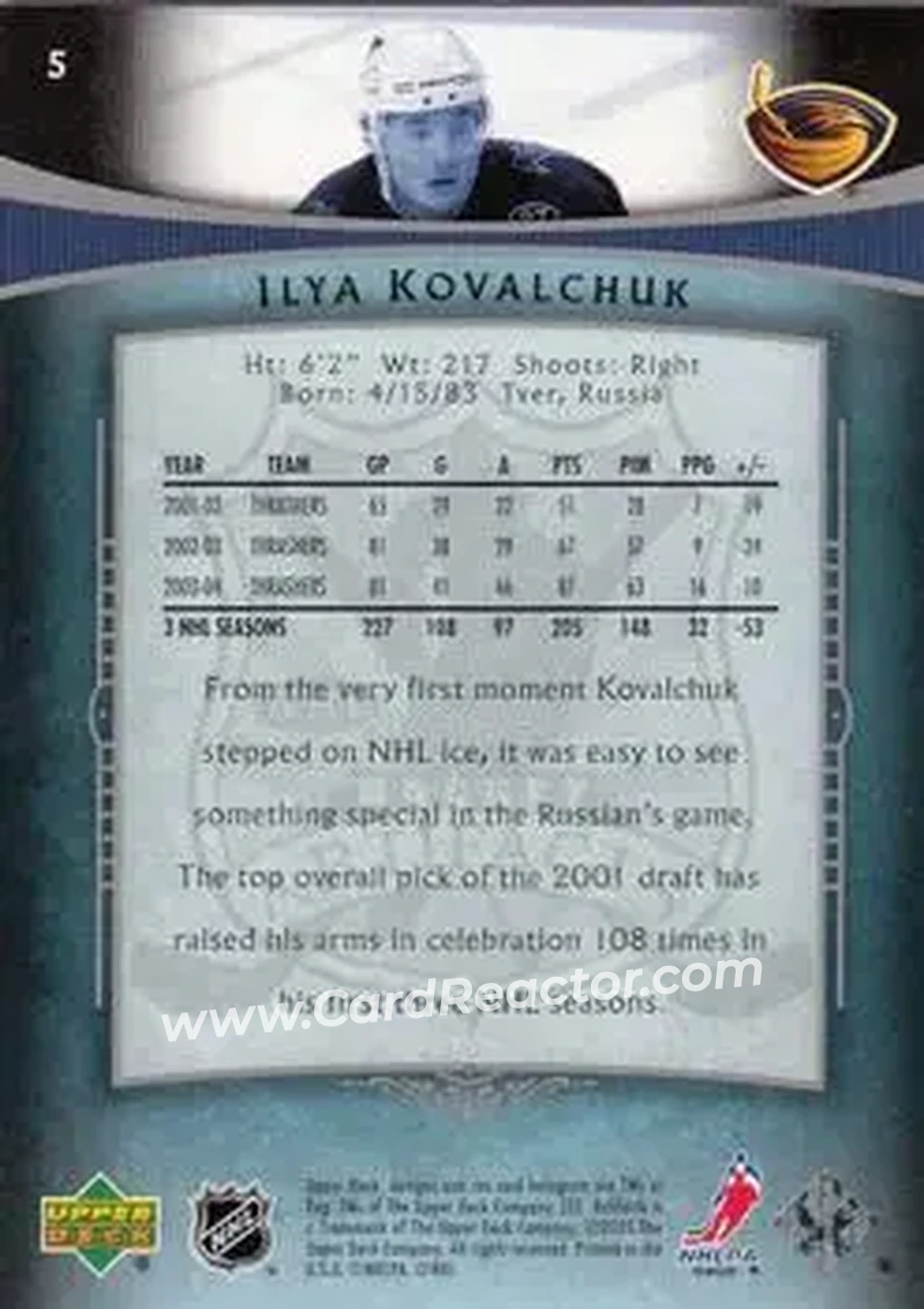 2005-06 Upper Deck Artifacts #5 - Ilya Kovalchuk - Atlanta Thrashers - Back 2005-06 Upper Deck Artifacts #5 - Ilya Kovalchuk - Atlanta Thrashers - Back