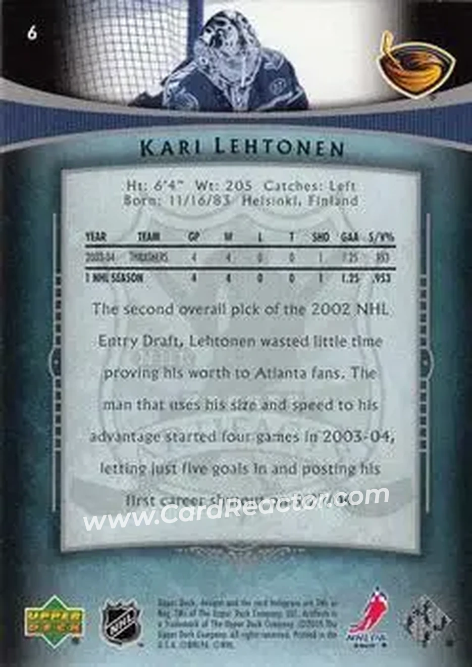 2005-06 Upper Deck Artifacts #6 - Kari Lehtonen - Atlanta Thrashers - Back