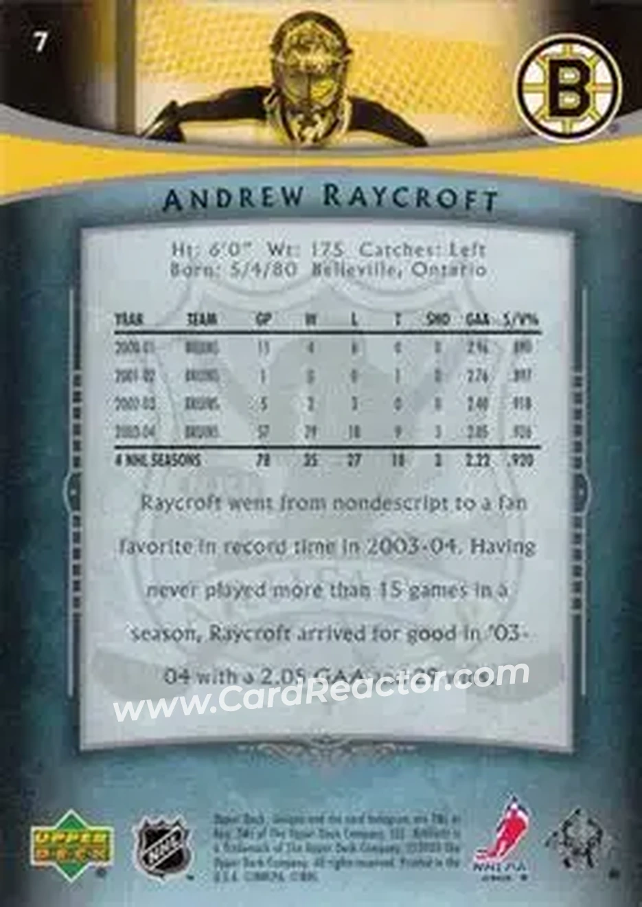 2005-06 Upper Deck Artifacts #7 - Andrew Raycroft - Boston Bruins - Back