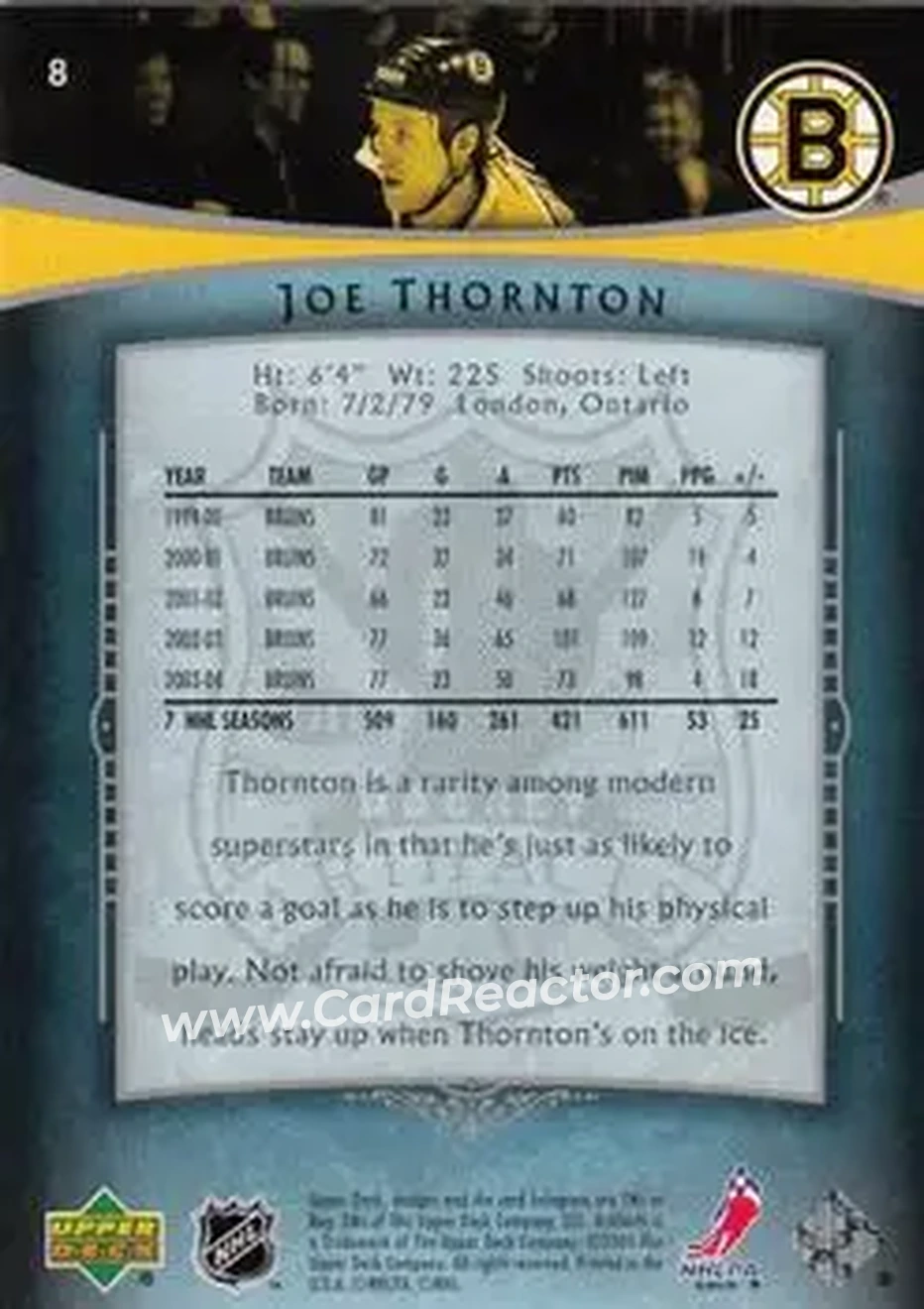 2005-06 Upper Deck Artifacts #8 - Joe Thornton - Boston Bruins - Back 2005-06 Upper Deck Artifacts #8 - Joe Thornton - Boston Bruins - Back