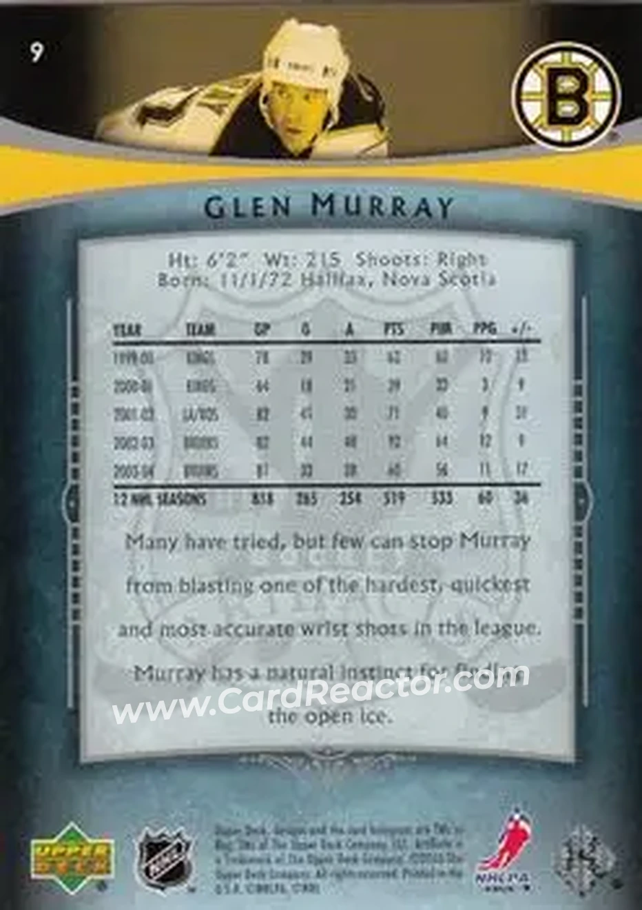2005-06 Upper Deck Artifacts #9 - Glen Murray - Boston Bruins - Back