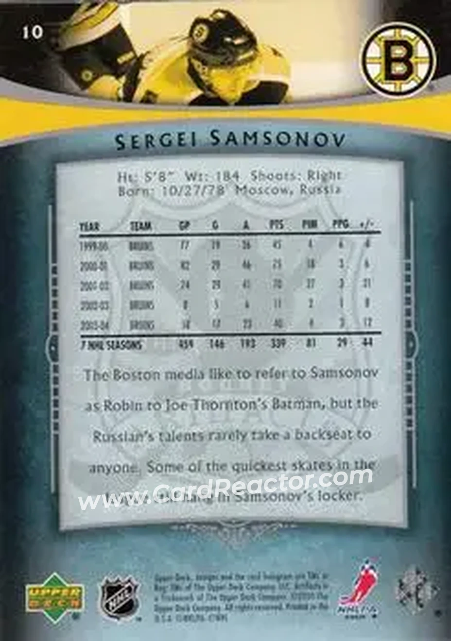2005-06 Upper Deck Artifacts #10 - Sergei Samsonov - Boston Bruins - Back