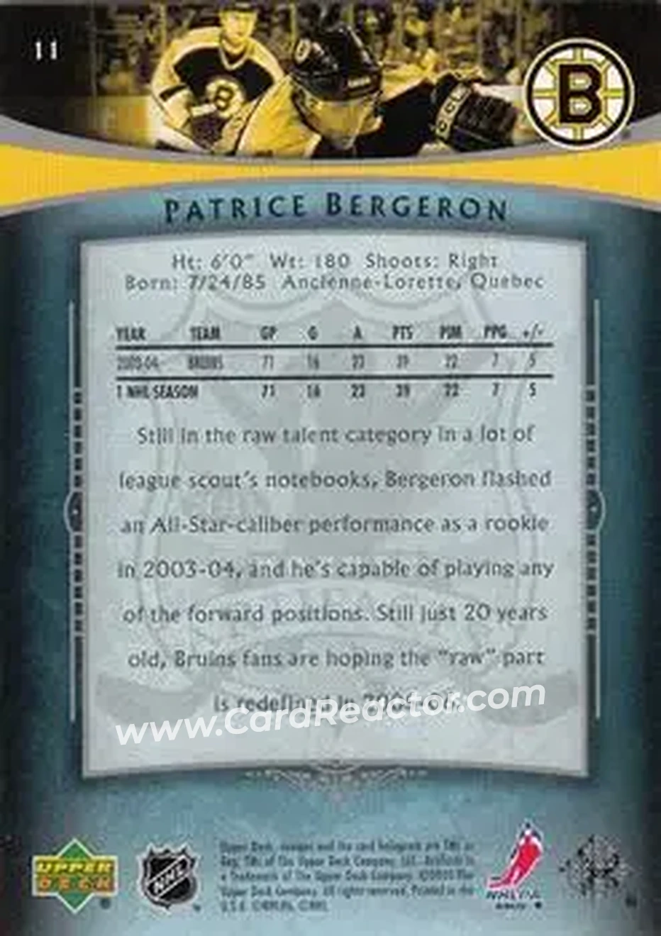 2005-06 Upper Deck Artifacts #11 - Patrice Bergeron - Boston Bruins - Back 2005-06 Upper Deck Artifacts #11 - Patrice Bergeron - Boston Bruins - Back