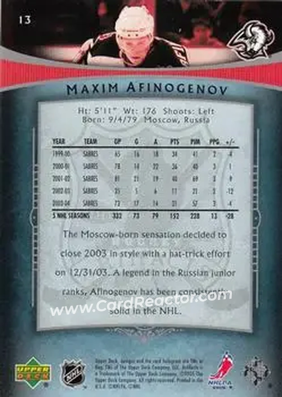 2005-06 Upper Deck Artifacts #13 - Maxim Afinogenov - Buffalo Sabres - Back 2005-06 Upper Deck Artifacts #13 - Maxim Afinogenov - Buffalo Sabres - Back