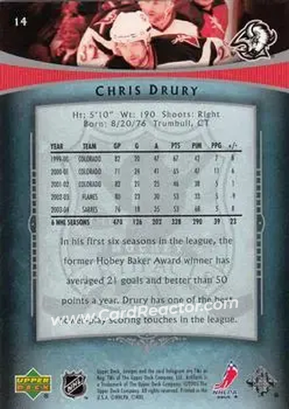 2005-06 Upper Deck Artifacts #14 - Chris Drury - Buffalo Sabres - Back